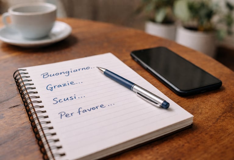 Carnet avec des phrases simples en italien et un téléphone pour débuter l’apprentissage de l’italien