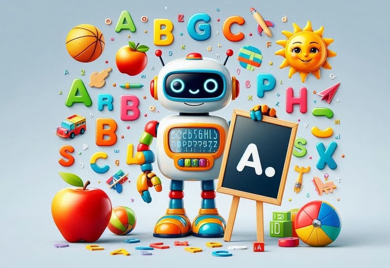 imagem de um robô ensinando o alfabeto.