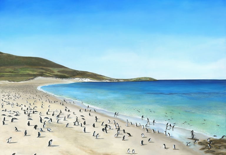a painting of a beach with penguins and a blue sky