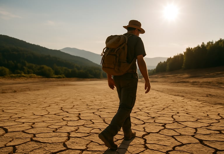 Hiker walking across cracked desert ground under hot sun
