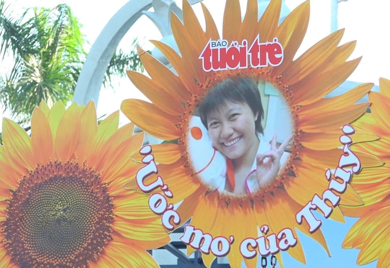 a sign with a picture of a young girl in a sunflower