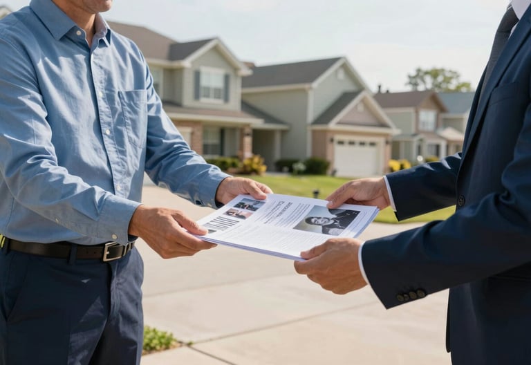 Photography of a professional individual delivering high-quality printed flyers to a suburban home in a North American neighborhood. Bright morning light, clean driveway, professional atmosphere. Colors of slate blue and light blue are reflected in the attire and environment.