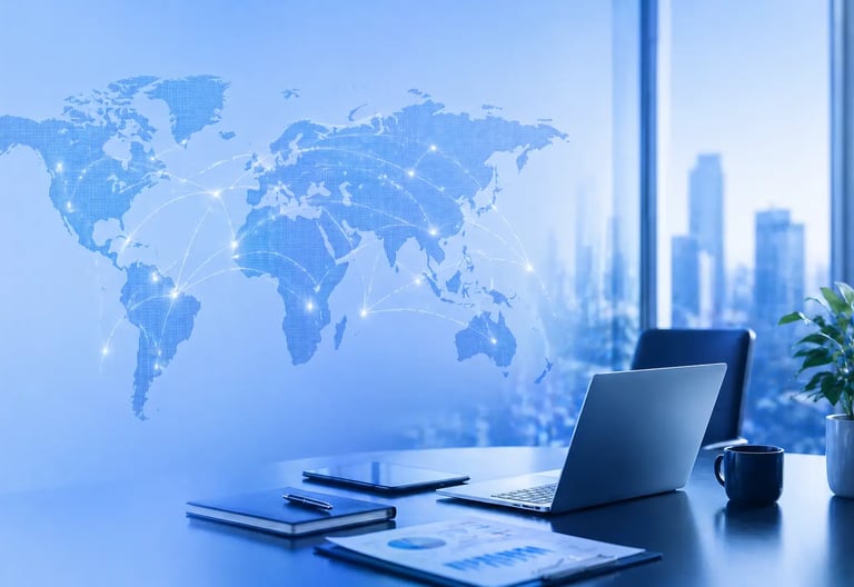 Modern office setup with global business analytics screen representing international market expansion
