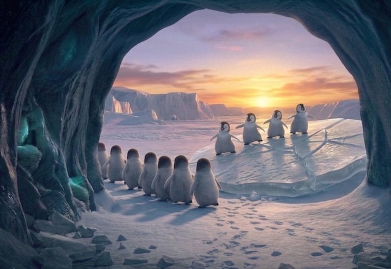 A group of cute baby penguins waddle toward a golden sunset in an icy Antarctic landscape.