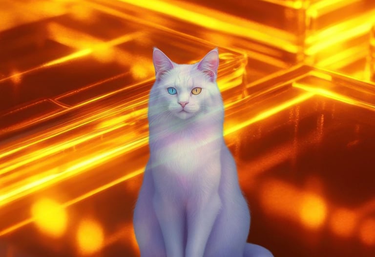 Pulse Zero and Grace book cover featuring a white cat with heterochromia on a glowing amber background.