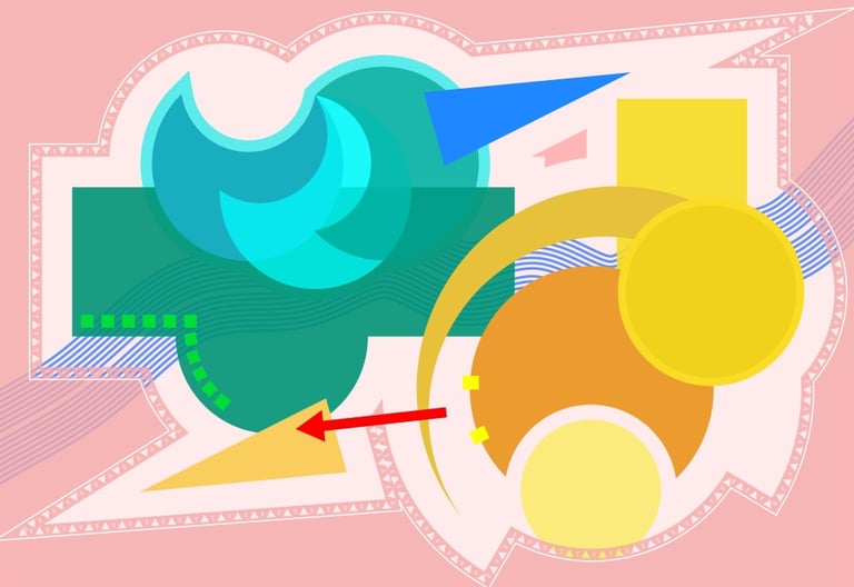 Abstract geometric art composition with vibrant colorful shapes, circles, and arrows on a pink background.