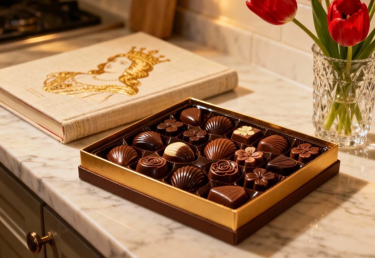 assorted artisanal chocolates in an elegant box on a marble surface with warm natural light