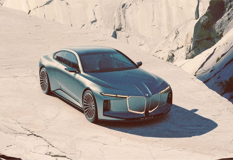 A sleek metallic blue BMW Alpina concept car parked on a dramatic rocky desert cliffside.