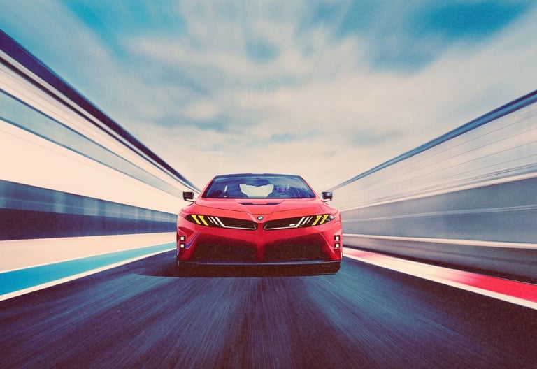 Red modern sports car driving fast on a race track with motion blur and yellow headlights.