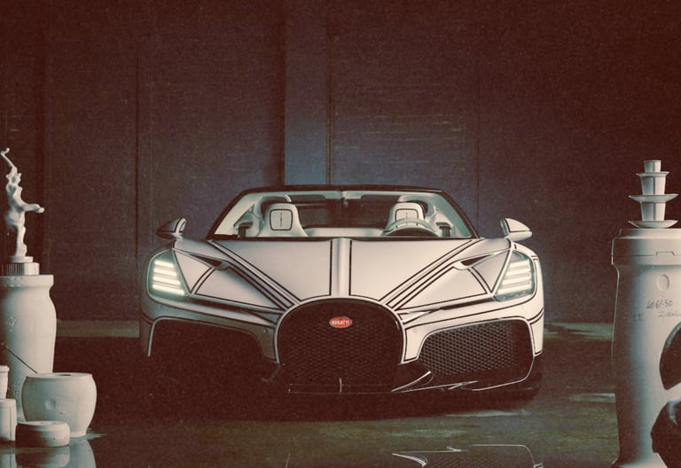 A white Bugatti W16 Mistral luxury supercar with black hand-painted sketches parked in a studio.