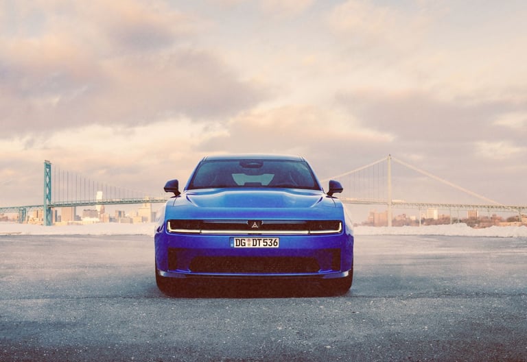 Front view of a blue Dodge Charger electric car parked near a suspension bridge at sunset.