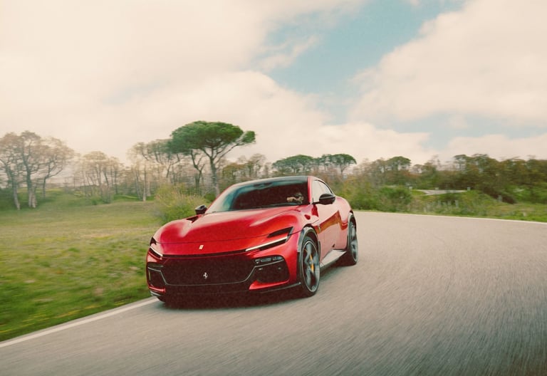 A red Ferrari Purosangue performance SUV driving fast on a scenic winding road through a green landscape.