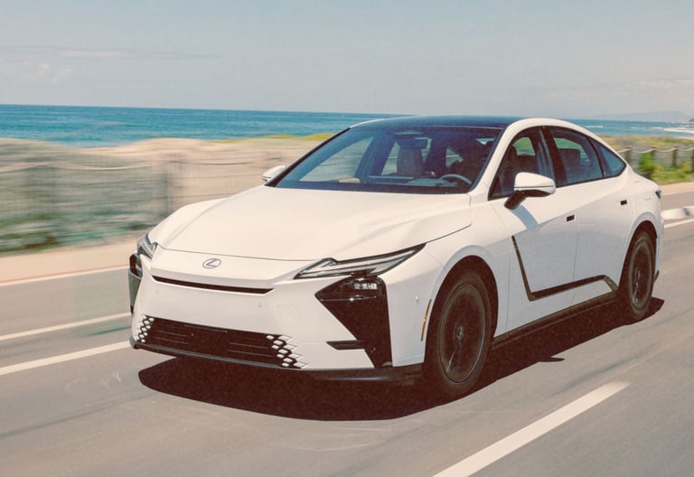 White Lexus es sedan driving on a scenic coastal highway near the ocean.