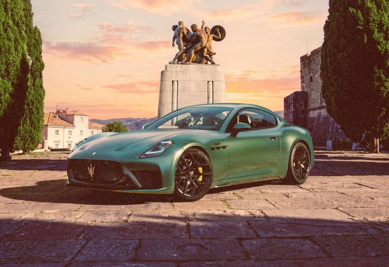 A green Maserati GranTurismo parked in a scenic Italian plaza with a stone statue at sunset.