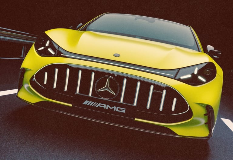 Yellow Mercedes-AMG sports car featuring a distinctive illuminated grille and sleek modern headlights on a road.