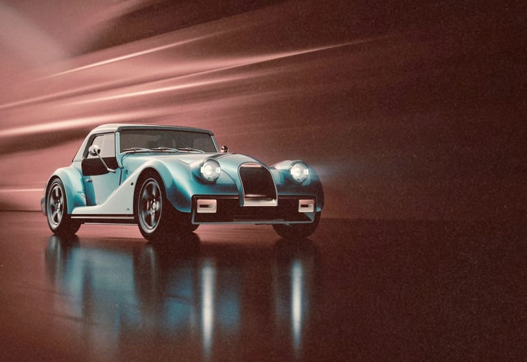 Vintage-style blue sports car speeding through a tunnel with motion blur and headlights on.