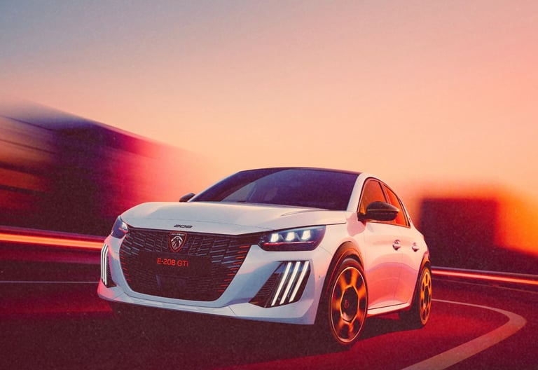 White Peugeot e-208 GTi electric hatchback driving fast on a road at sunset with motion blur.