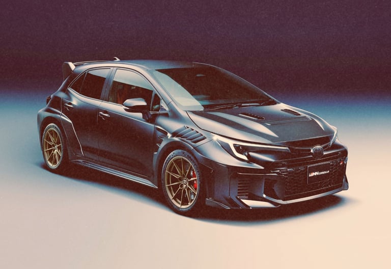 Matte grey Toyota GRMN Corolla with gold wheels and carbon fiber hood vents in a studio setting.