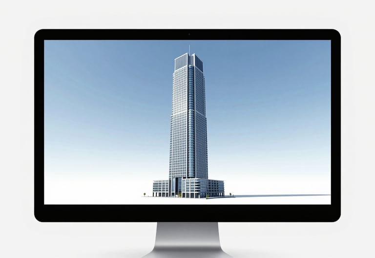 A clean, high-precision architectural 3D model of a modern skyscraper displayed on a high-resolution monitor. The scene is bright and professional, incorporating a color palette of #2E5F7B and #7ABDCF. The lighting is crisp, highlighting the intricate structural details of the Revit model against a minimalist background.