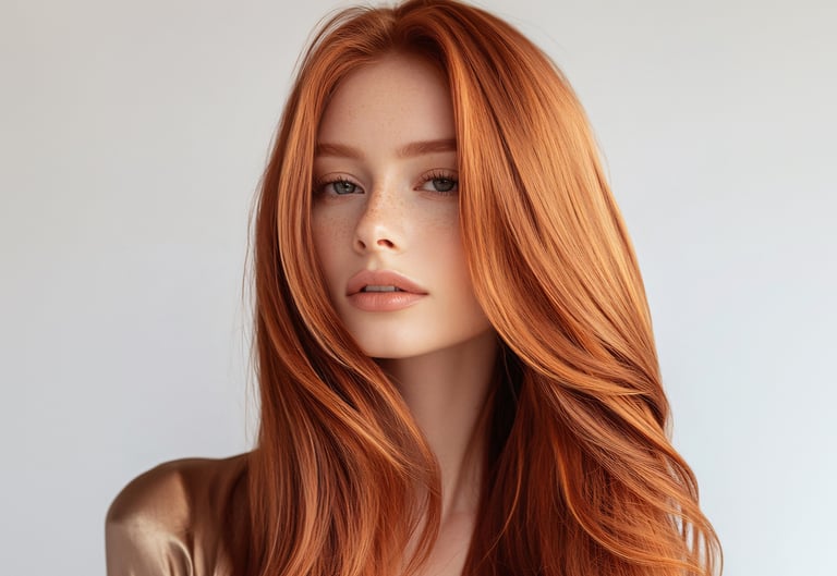 cabello cobrizo intenso y ondas suaves, tendencia de color otoño invierno 2025