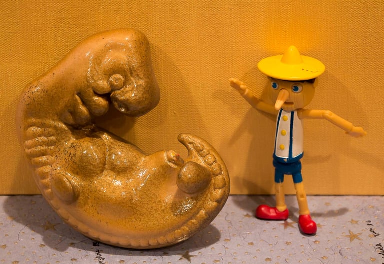 Still life with a plastic golden embryo next to a plastic toy figure of a Pinocchio. .