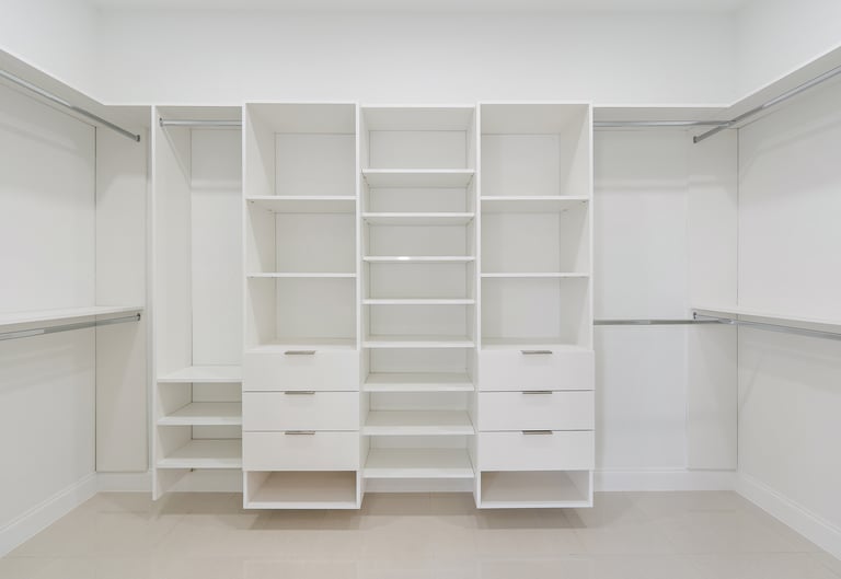 Spacious master closet with custom cabinetry