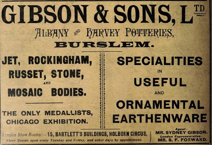 Vintage advertisement for Gibson and Sons Ltd Albany and Harvey Potteries featuring ornamental earthenware.
