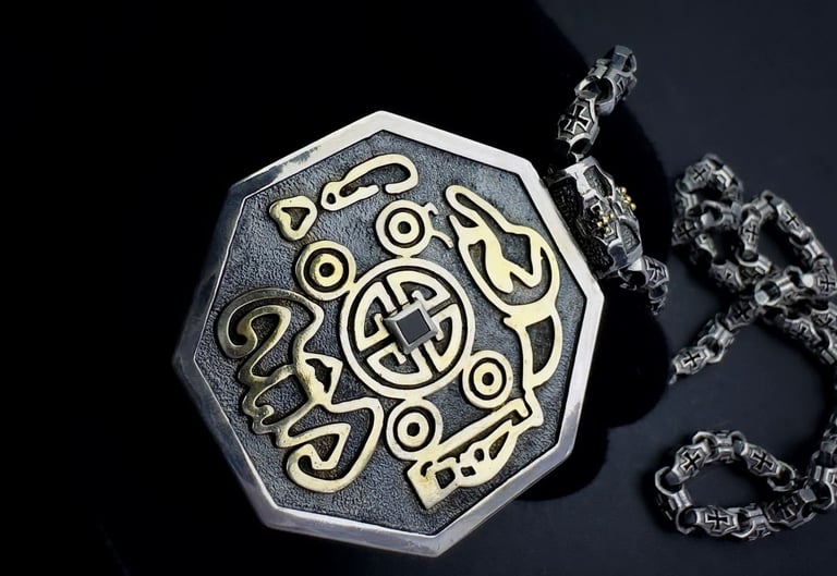 a silver and gold necklace with a MONEY sign
