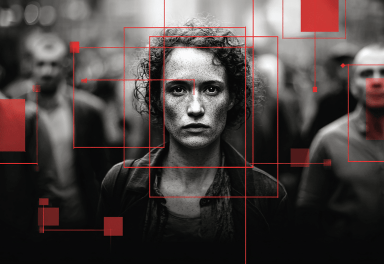 a woman with a red and black background with a red square frame with a red