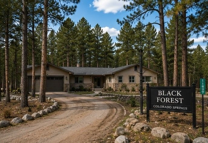 large residential property in Black Forest Colorado Springs northeast of the city showing forested lot with older home