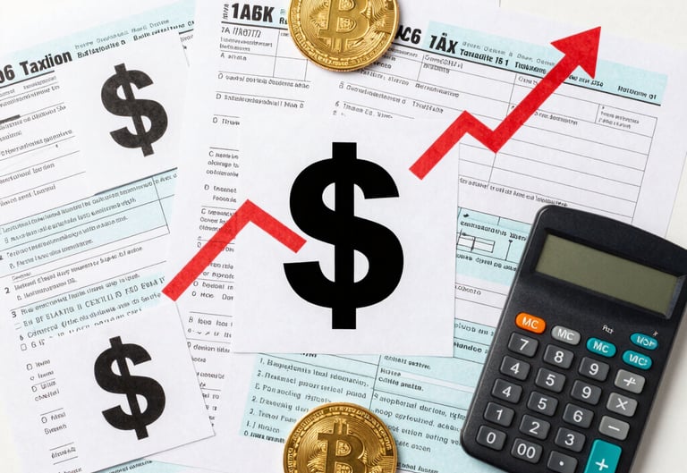 Bitcoin coins on tax forms with a calculator and a rising red arrow showing cryptocurrency market growth.