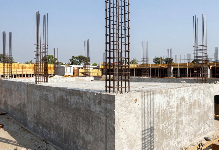 Wide panoramic view of a residential construction site in Bengaluru, concrete foundation being poured, structural steel rebar visible, bright daylight, high contrast, sharp focus