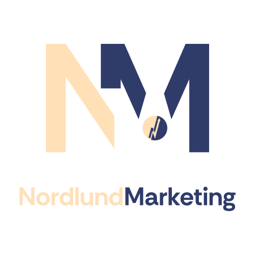 Nordlund Marketing logo featuring tan and navy blue NM initials