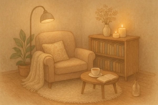 Un coin lecture avec fauteuil, étagère, table, tapis, plante, lampe