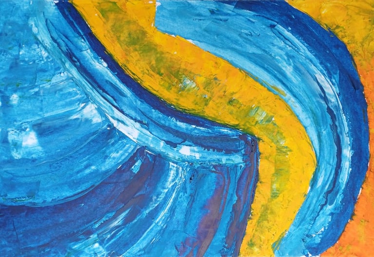 Blue Turn — sweeping blue curve with amber interior on orange ground, acrylic, by Zanda
