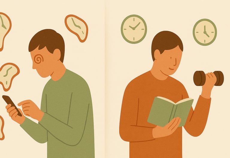 Dos personas, una perdiendo el tiempo delante del smartphone y la otra leyendo mientras se ejercita.