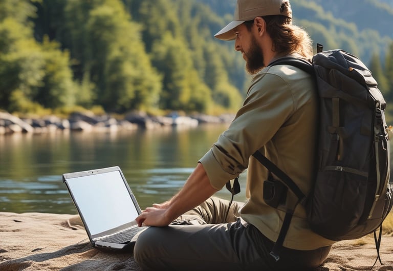 Two individuals exchange portable Samsung SSDs while sitting with a black backpack. One person holds a blue SSD, and the other holds a black SSD. A collection of SD cards is visible next to the person on the right, who is wearing a plaid shirt.