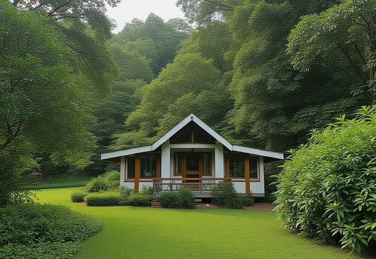 a small house with a large lawn and trees