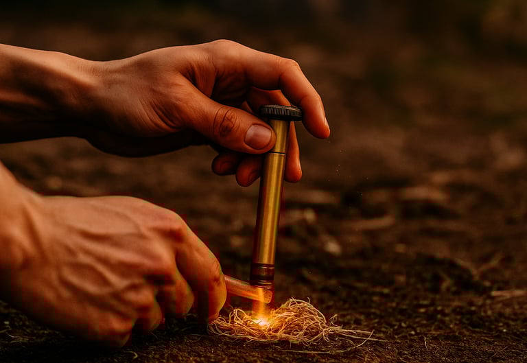 Igniting tinder with ferro rod and striker, classic bushcraft firestarting technique for survival situations
