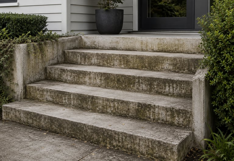 Weathered concrete outdoor stairs leading to a modern house entrance with a black door.