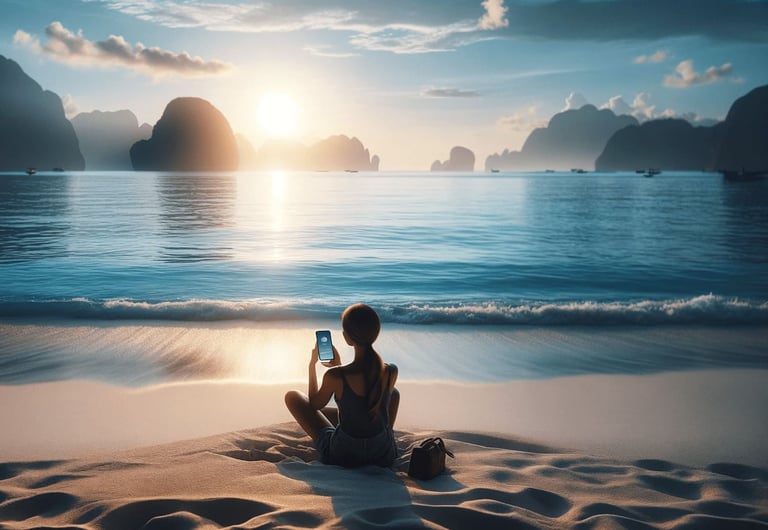 A serene landscape with a traveler using a AI wellness app on their smartphone
