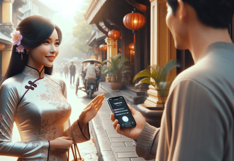 a traveler interacting with locals using an AI translation app