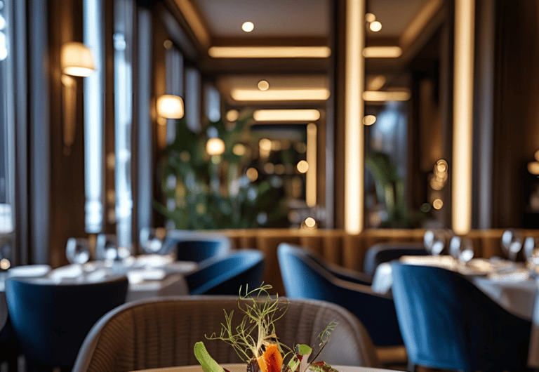 a plate of food and a glass of wine in a restaurant