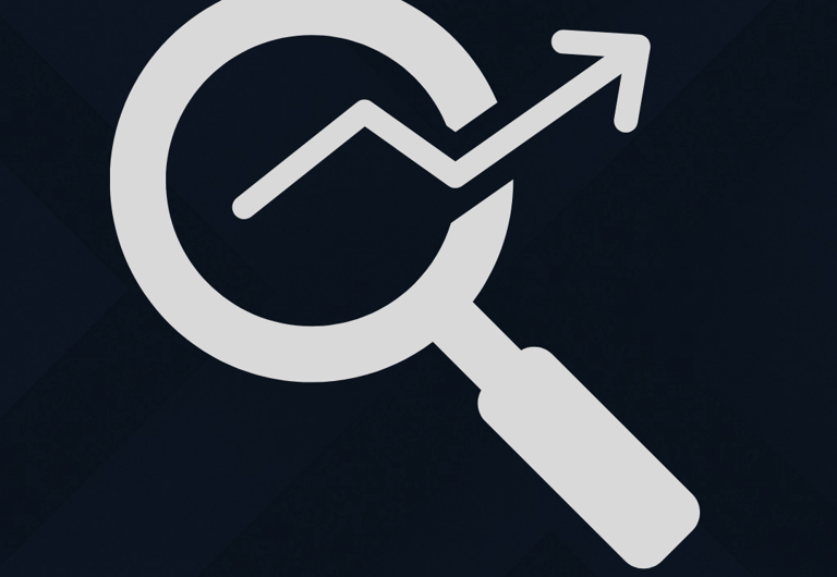 Minimalist icon of a magnifying glass with an upward trending arrow inside, symbolizing SEO growth a