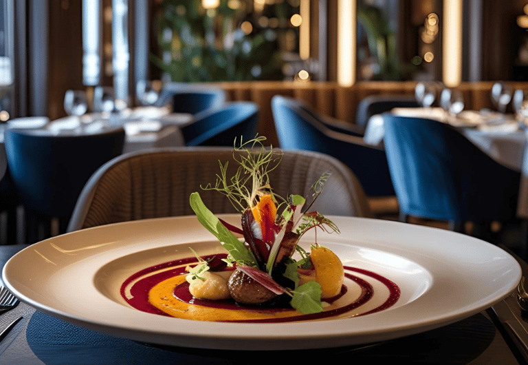 a plate of food and a glass of wine in a restaurant