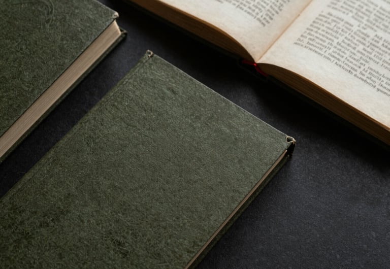 Overhead flat lay of a vintage manuscript, open books, tactile paper textures, moody shadows, soft diffused daylight, deep olive and black tones, macro lens, 35mm