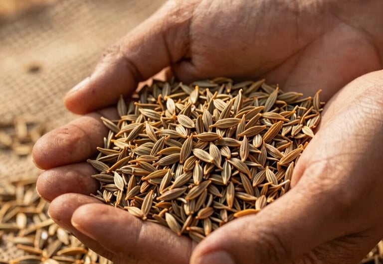 A high-quality close-up photograph of raw, whole cumin seeds cradled in warm, sunlit South Asian / Indian hands, highlighting rich, earthy textures against a rustic jute sack backdrop, filled with golden warm afternoon light.