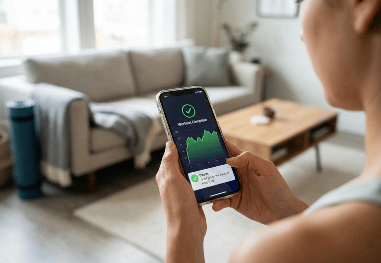 Using a fitness app to track progress and communicate with an online personal trainer.