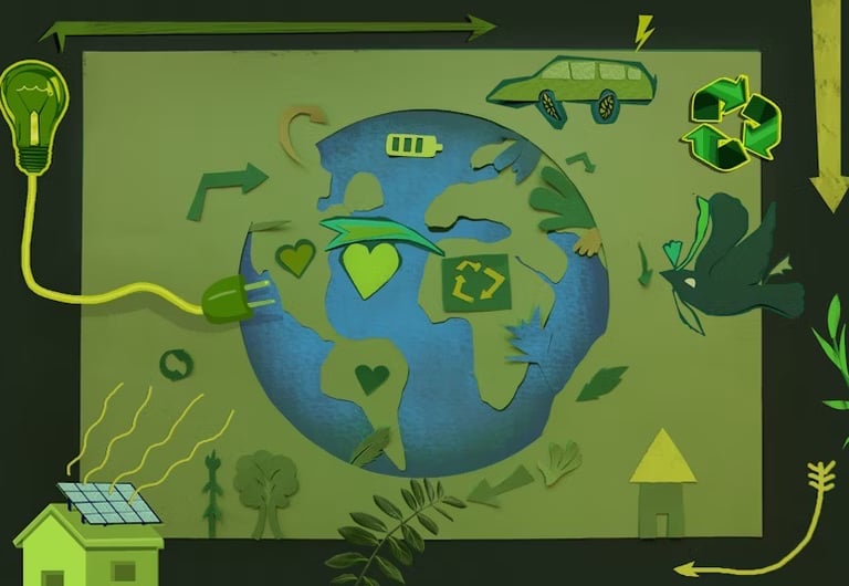 immagine di colore verde e azzurro della terra con automobili e presa di corrente verde green