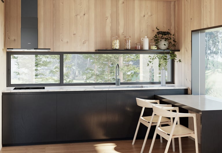 a kitchen with a wooden counter top and a window